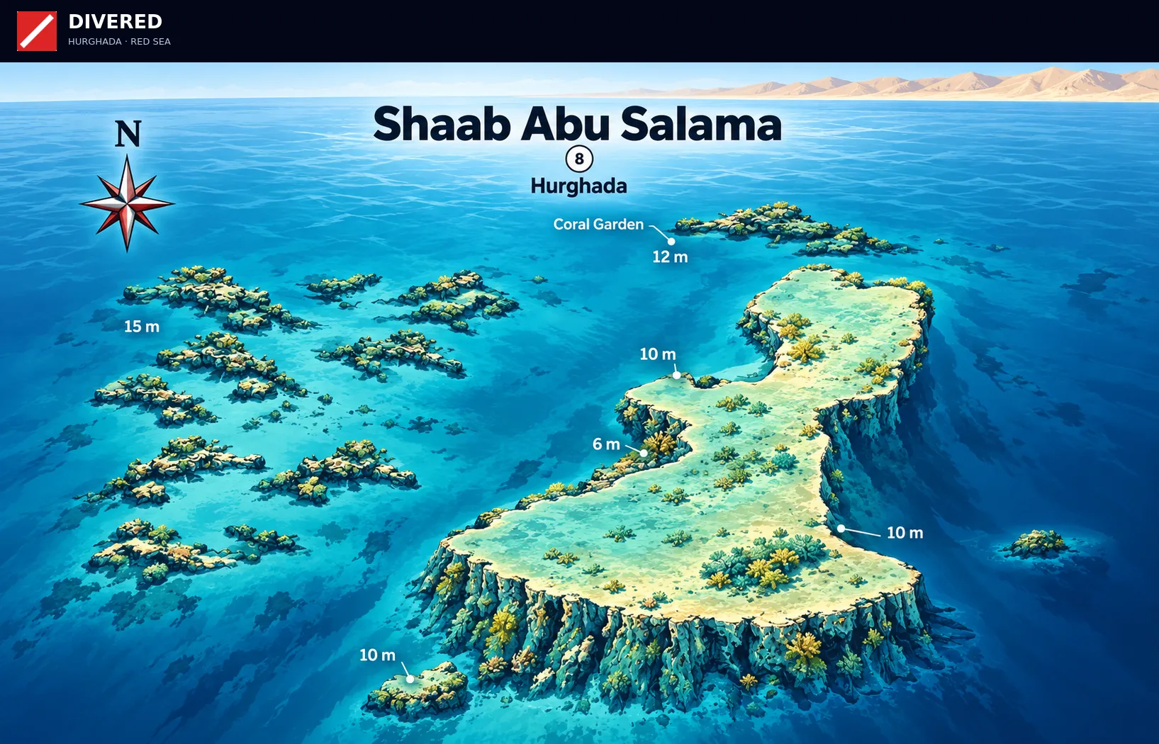 Shaab Abu Salama dive site map with depths and routes