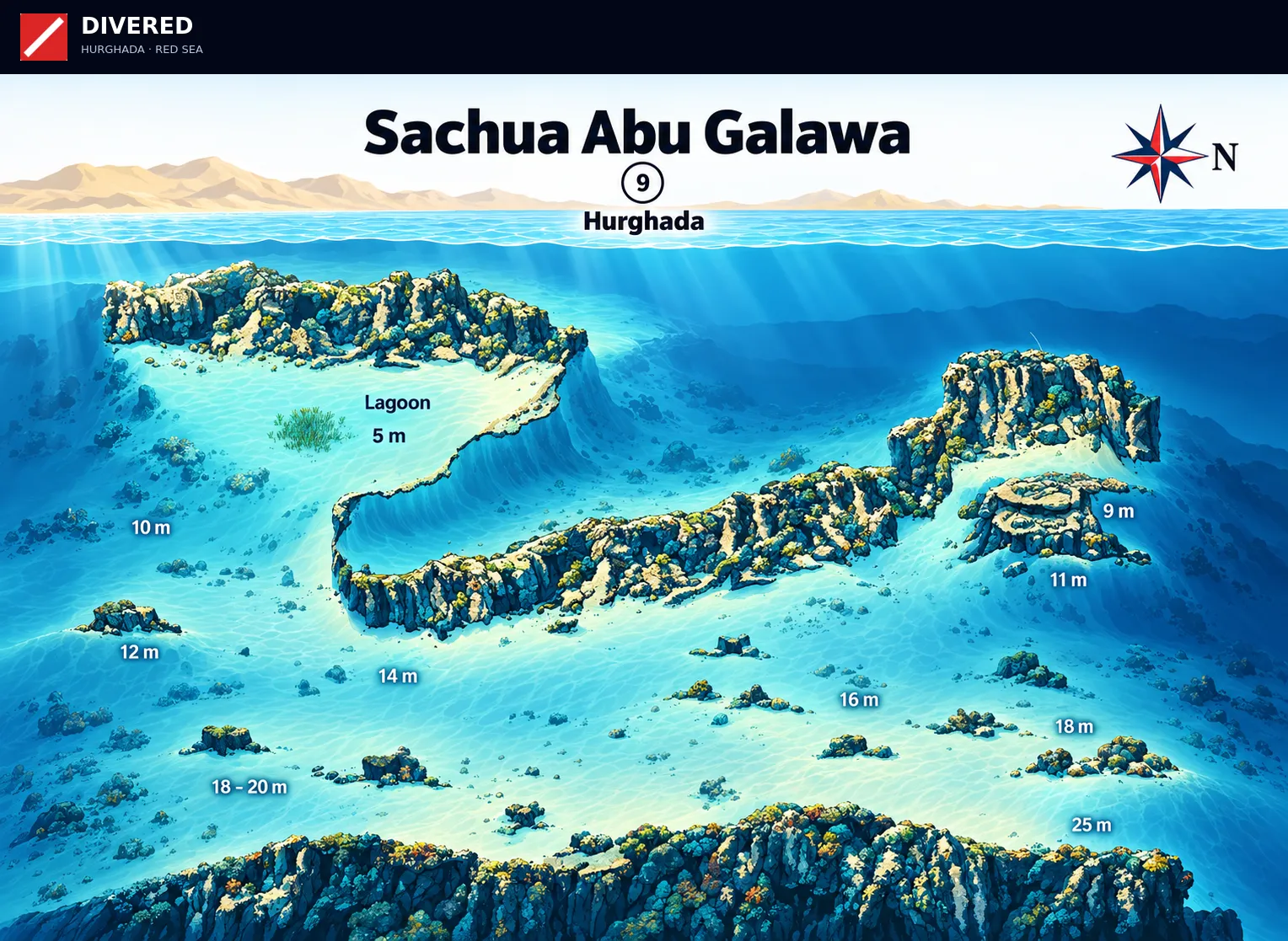 Sachua Abu Galawa dive site map with depths and routes