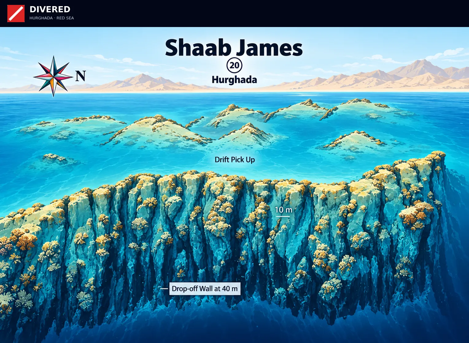 Shaab James dive site map with depths and routes