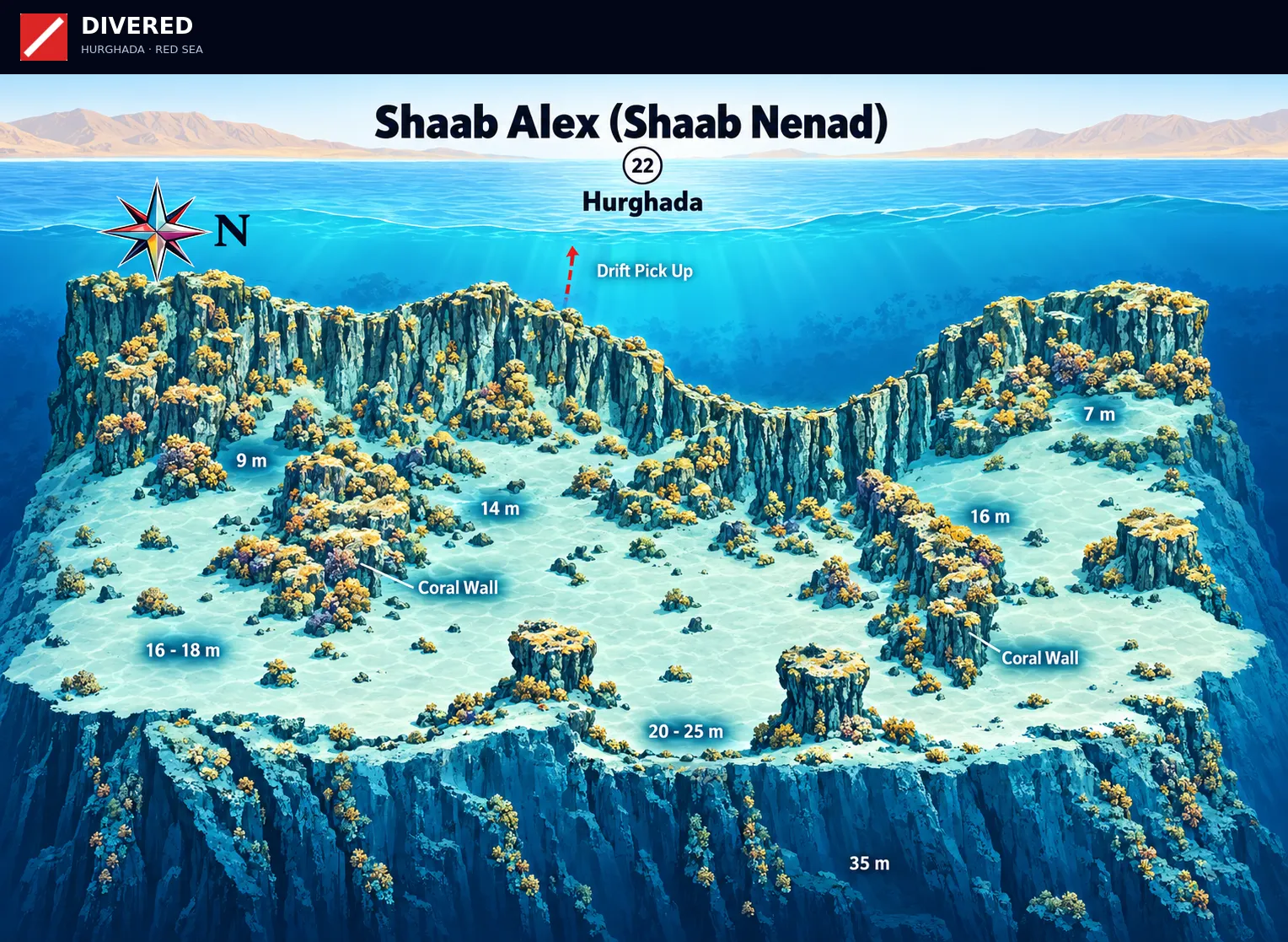 Shaab Alex dive site map with depths and routes