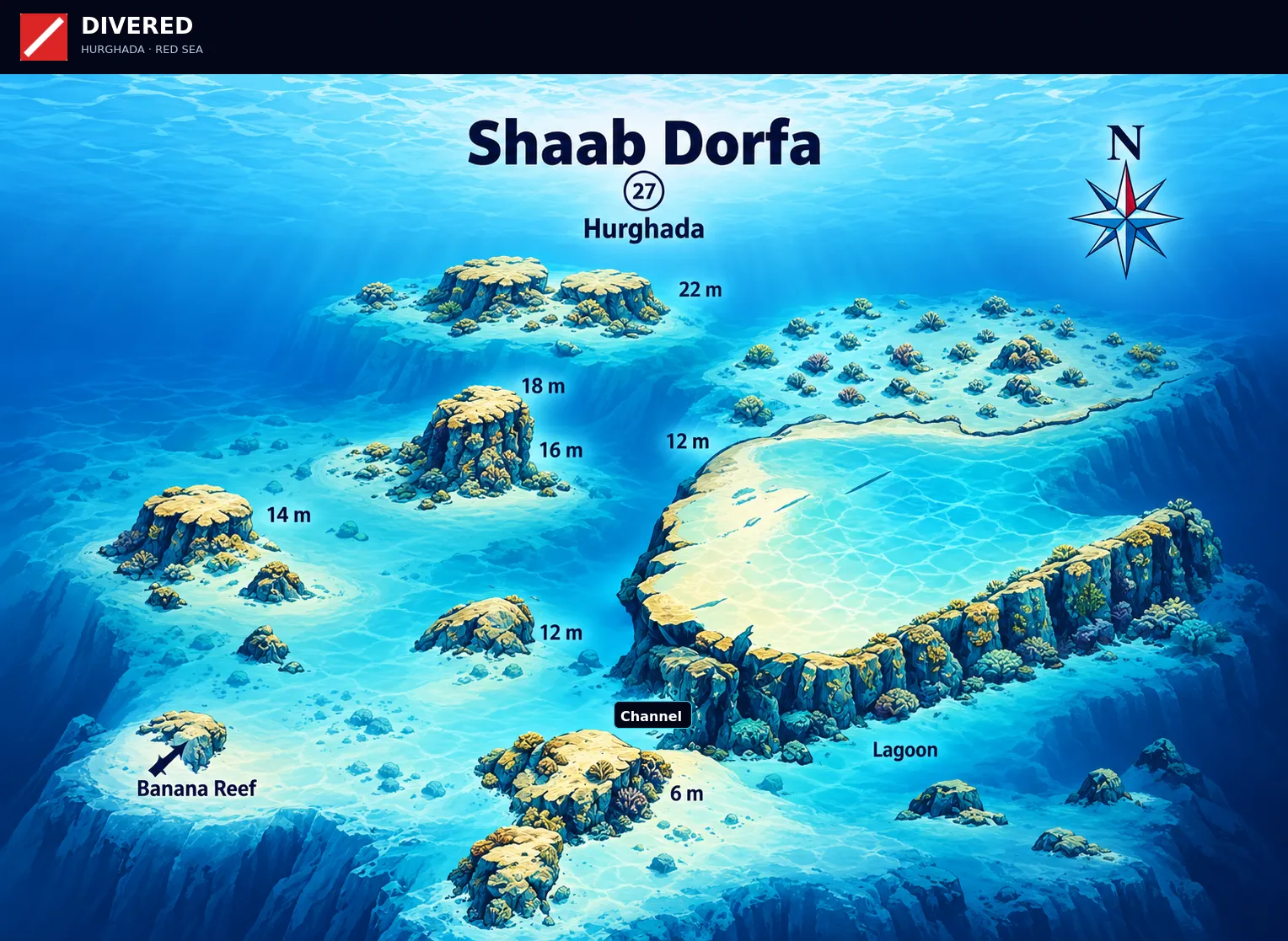 Shaab Dorfa dive site map with depths and routes