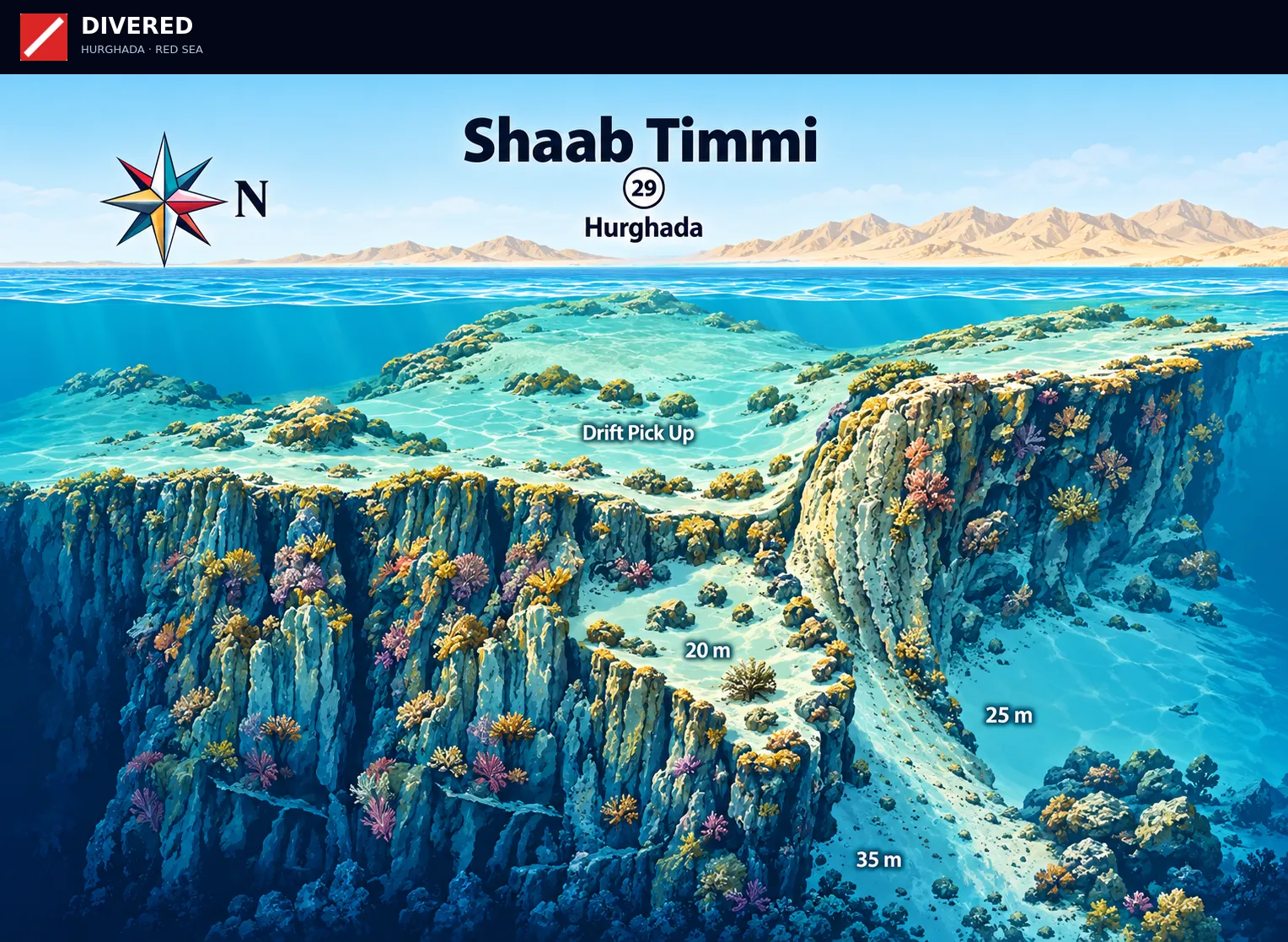 Shaab Timmi dive site map with depths and routes