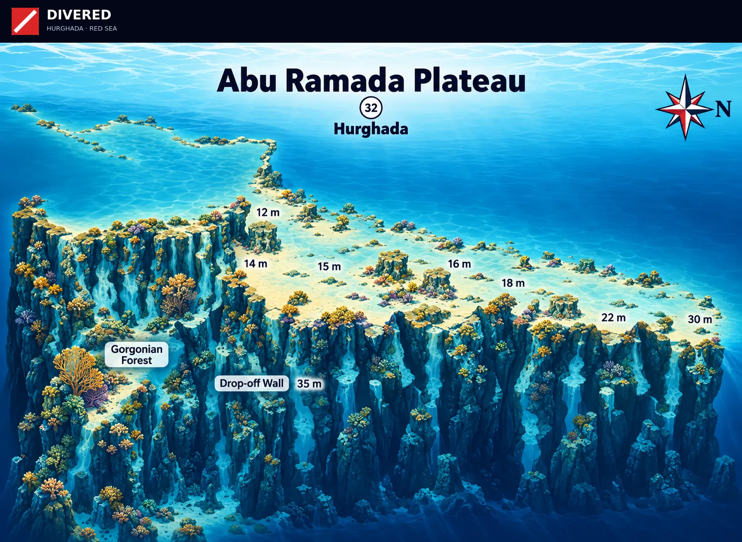 Abu Ramada Plateau dive site map with depths and routes