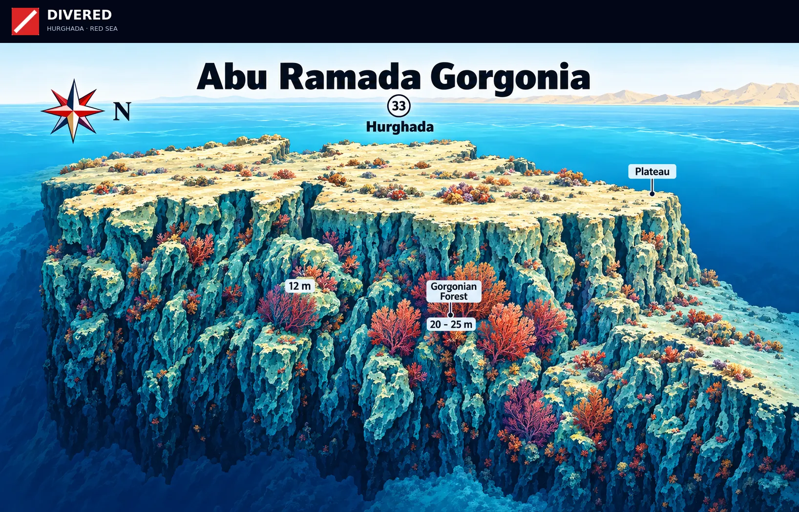 Abu Ramada Gorgonia dive site map with depths and routes