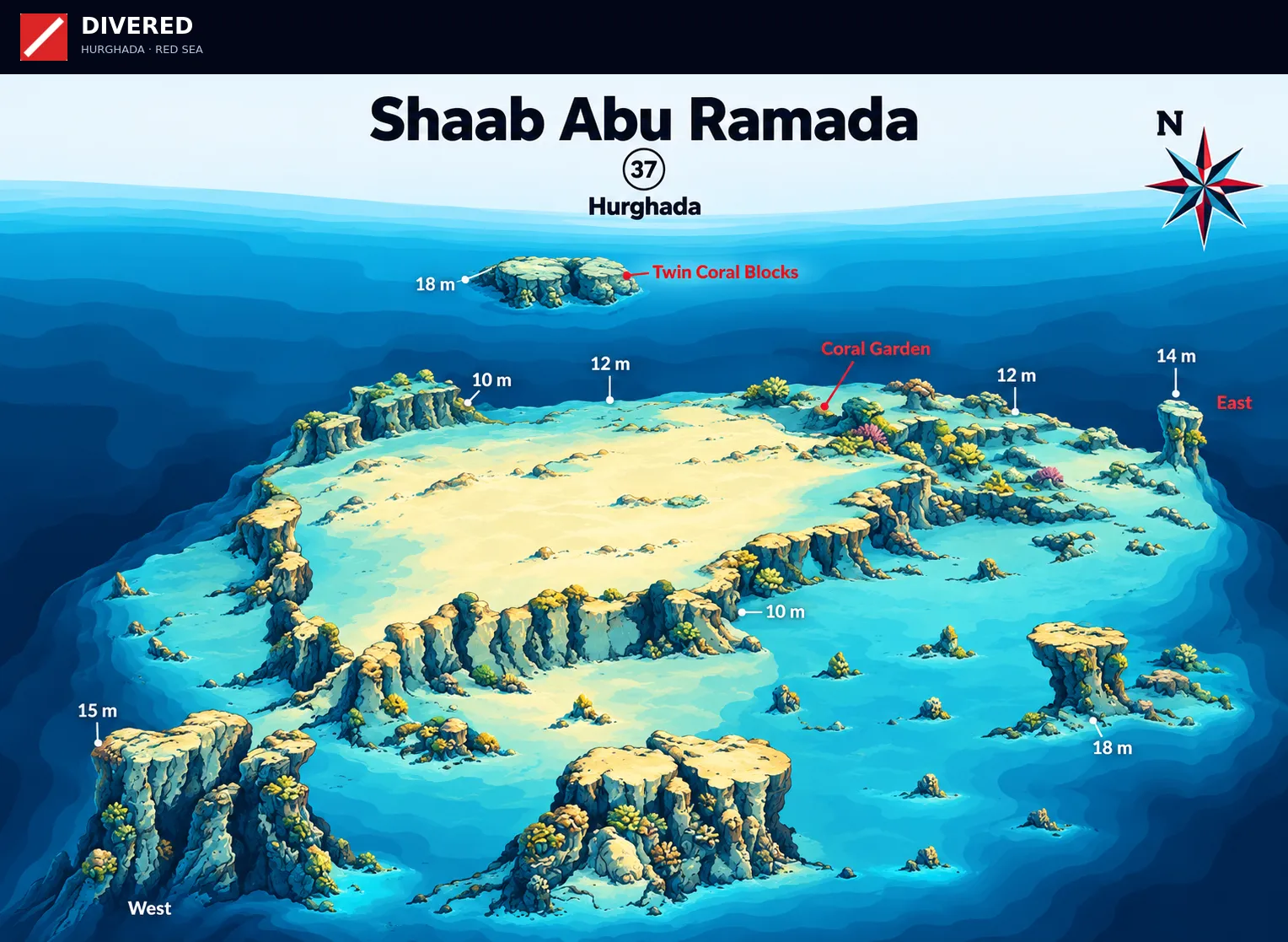 Shaab Abu Ramada dive site map with depths and routes