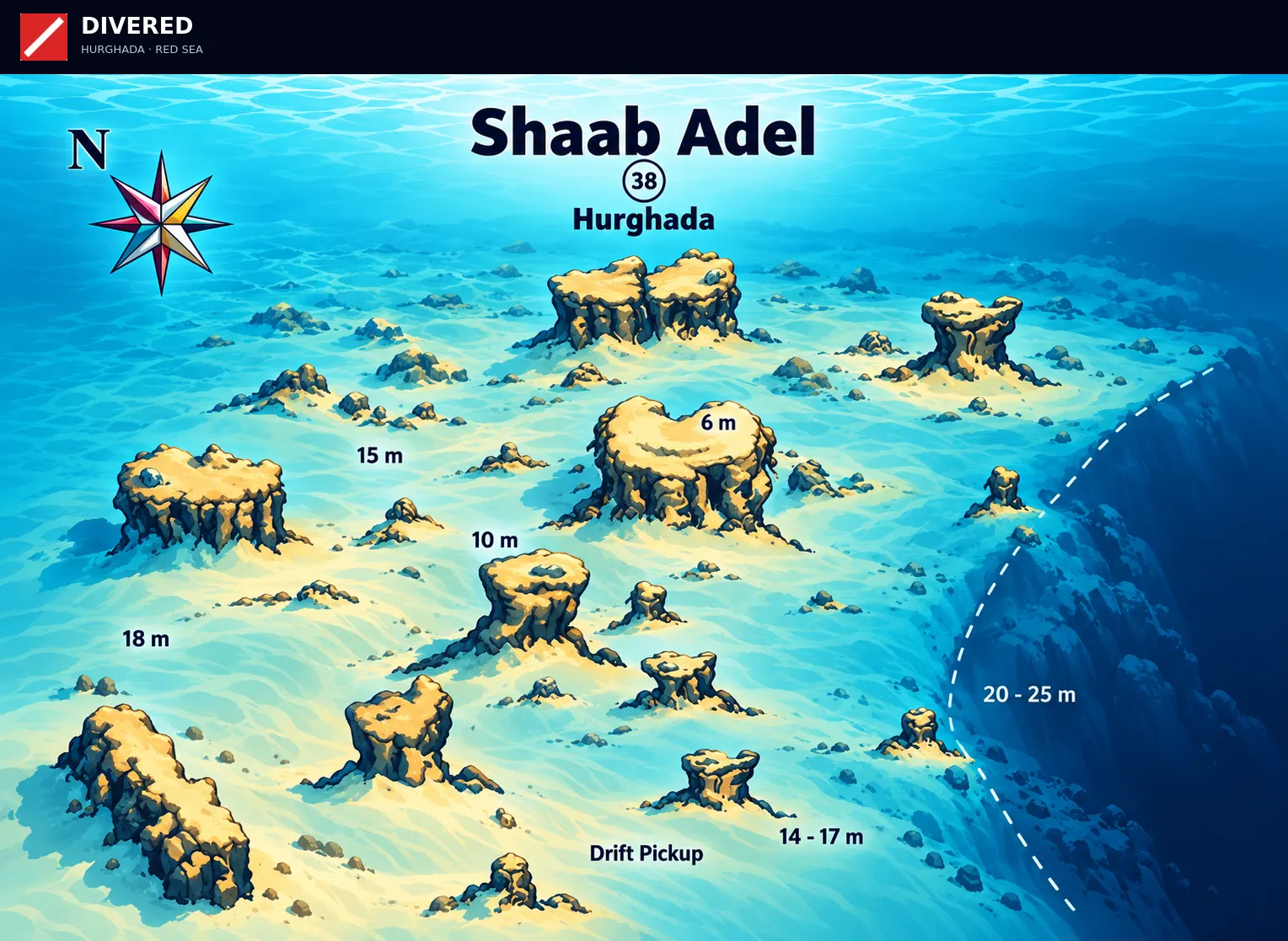 Sha'ab Adel dive site map with depths and routes