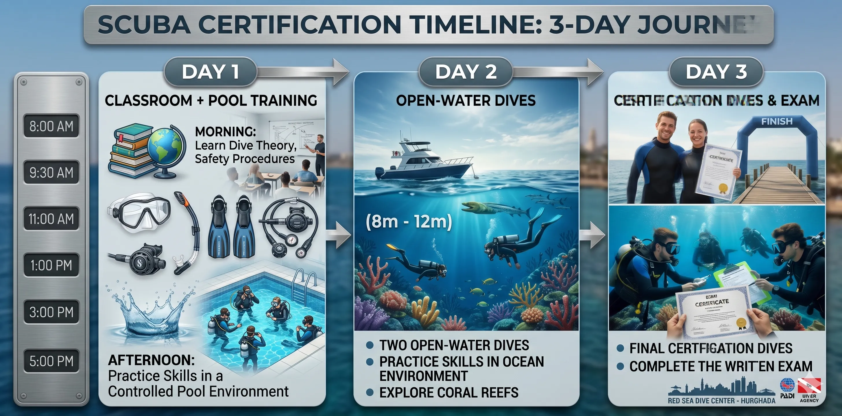 Complete 3-day scuba certification timeline showing Day 1 classroom and pool training with equipment, Day 2 open-water dives at 8-12 meters exploring coral reefs, and Day 3 final certification dives and written exam