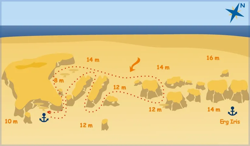 Abu Nugar dive site map with depths and routes