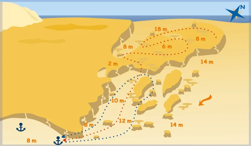 Shaab Sabina dive site map with depths and routes