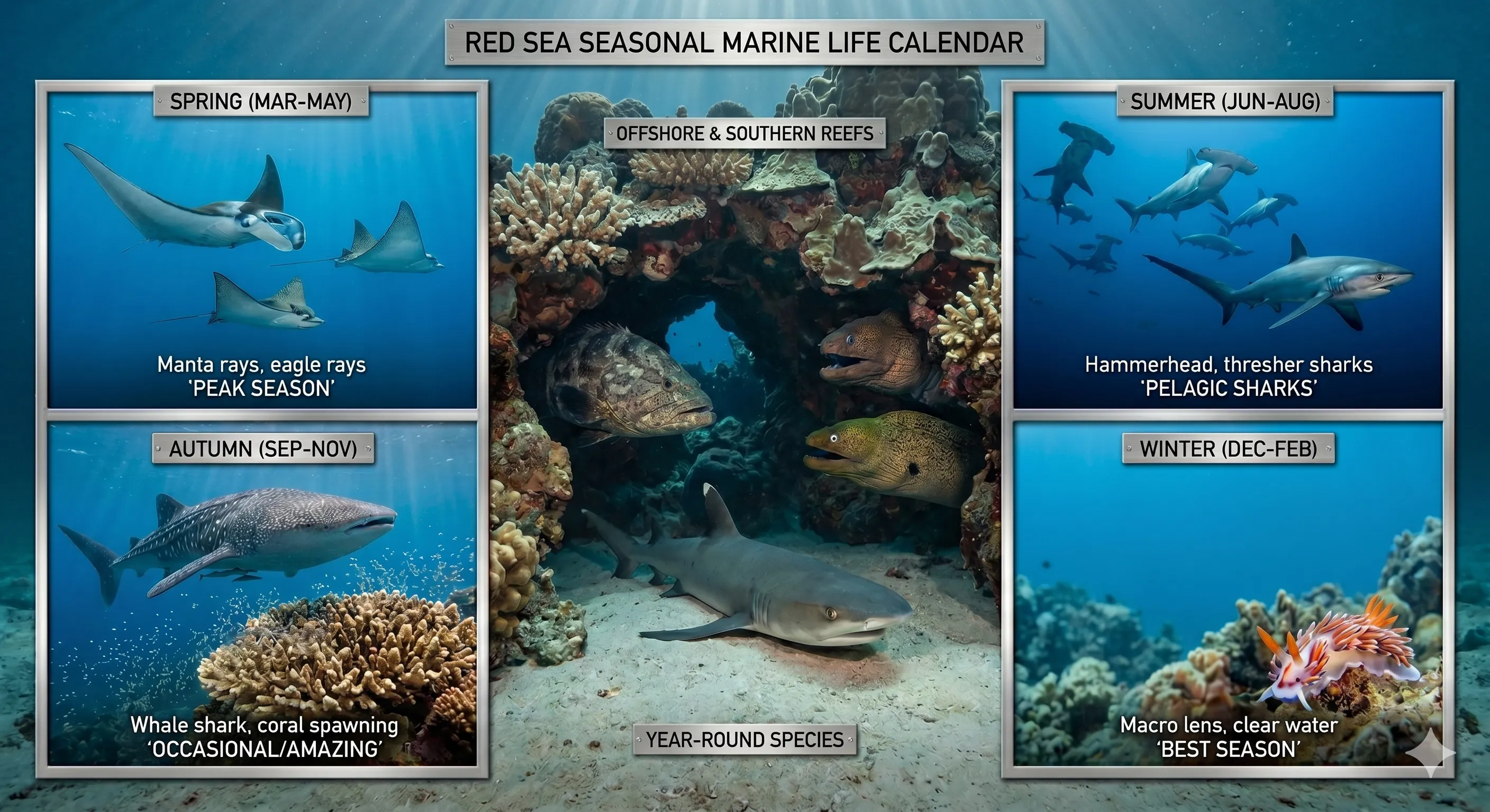 Red Sea seasonal marine life calendar showing Spring with manta rays and eagle rays, Summer with hammerhead and thresher sharks, Autumn with whale sharks and coral spawning, Winter with macro lens opportunities, and year-round species in center