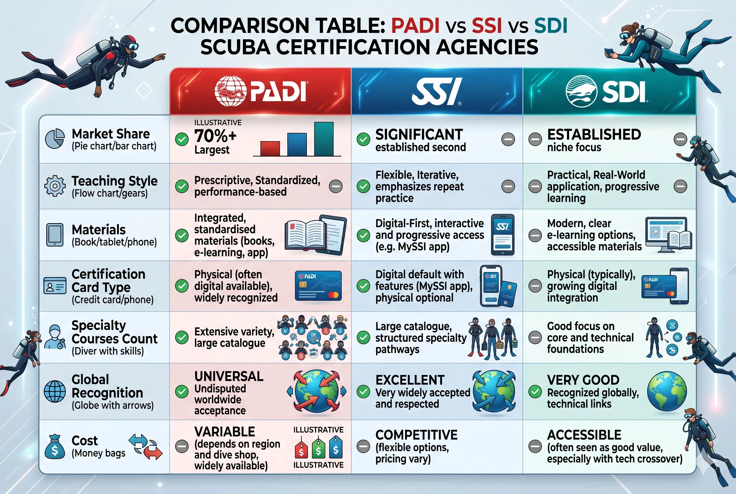 Detailed comparison table of PADI vs SSI vs SDI scuba certification agencies showing market share (PADI 70%+, SSI significant, SDI established), teaching style, materials, certification card types, specialty courses count, global recognition, and cost comparison with diver illustrations