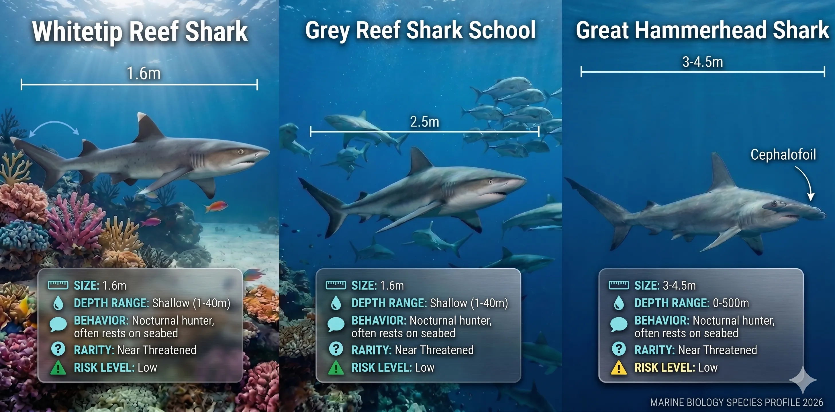 Professional underwater photography showing three common Hurghada sharks: Whitetip Reef Shark (1.6m), Grey Reef Shark (2.5m), and Great Hammerhead (3-4.5m) with size comparisons and behavioral information